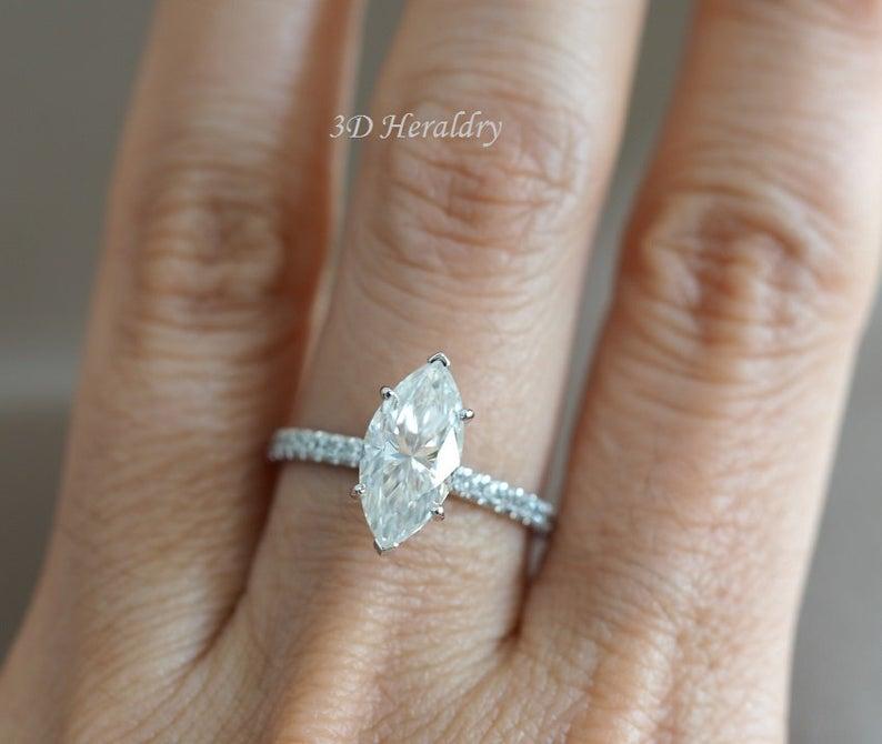 Hochzeit - Moissanite ring Marquise and diamond engagement ring NEO marquise moissanite under halo hidden halo of natural diamonds 14k white gold