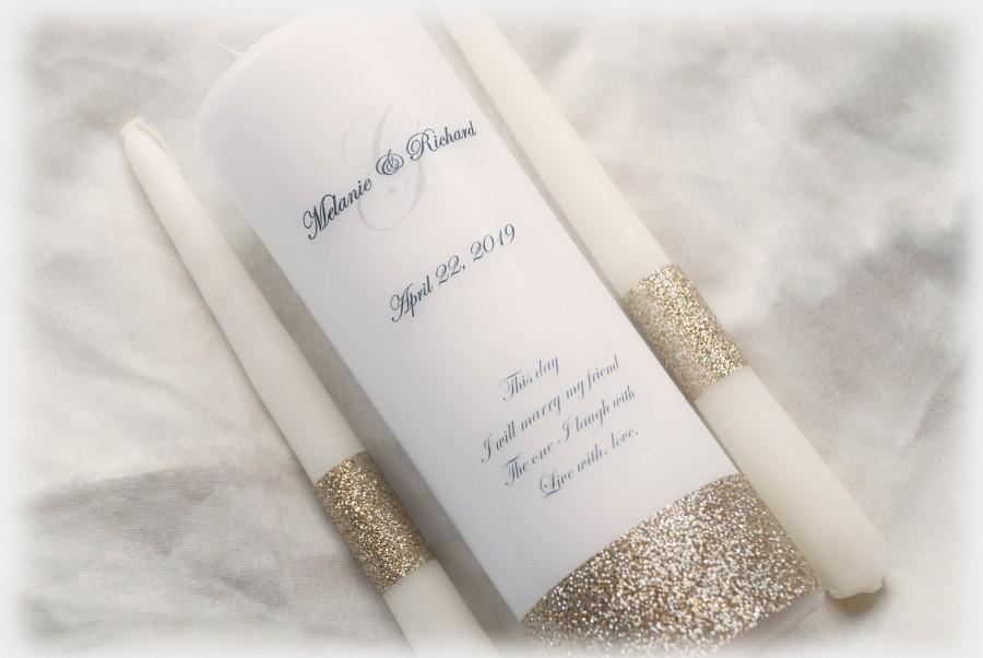 Свадьба - Personalized Unity Candle SET with Monogram, champagne gold glitter, wedding candles, gold weddings, wedding decorations, rustic gold