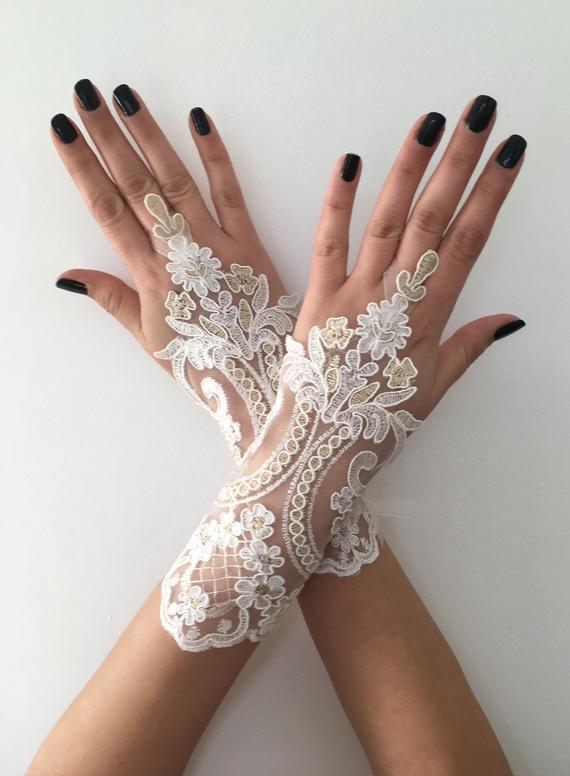 Mariage - Ivory gold Wedding Gloves, Bridal Gloves, Ivory lace gloves, Handmade gloves, Ivory bride glove bridal gloves lace gloves fingerless gloves