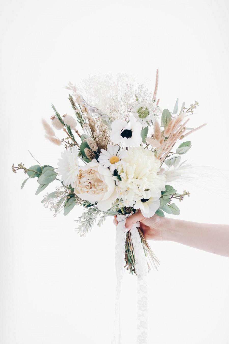 Hochzeit - Vintage White Wedding Bouquet, Eucalyptus Wedding bouquet /Ivory Bouquet / Silk Eucalyptus bouquet, Preserved Bunny Tail / Ready to Ship