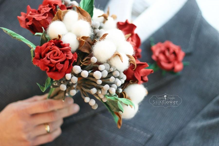 Mariage - Leather Wedding Bouquet with Red Rose Boutonniere set, Leather Flowers, Centerpiece Bouquet, Handmade Roses & Cotton flowers, Brunia berries