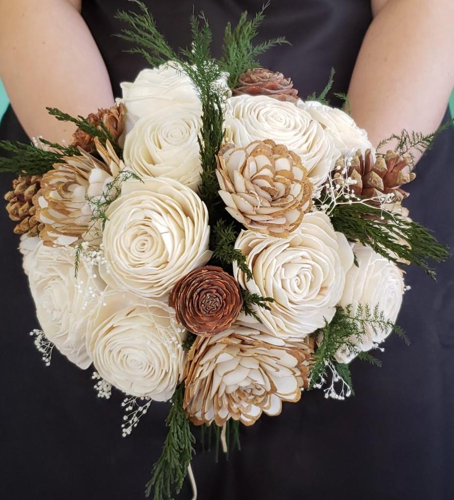 Wedding - Winter Bouquet with Pine Cones and Evergreen, Sola Wood Flower Bouquet, Wooden Bouquet, Christmas Bouquet