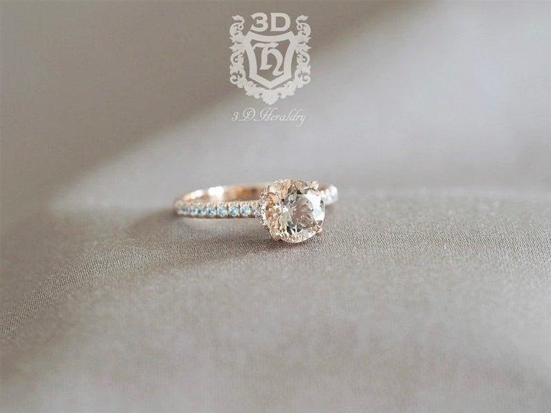 زفاف - Morganite ring, Morganite engagement ring, Diamond under halo hidden halo ring made in solid 14k rose gold, white gold, or yellow gold