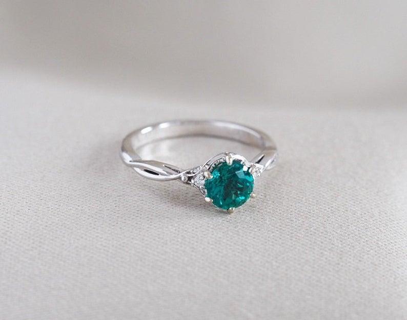 زفاف - Green Emerald engagement ring, Leaf Emerald and diamond engagement ring made in your choice of solid 14k rose gold, white gold, yellow gold