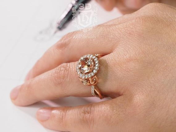 زفاف - Morganite engagement ring, Floral engagement ring with natural diamonds made in 14k rose gold