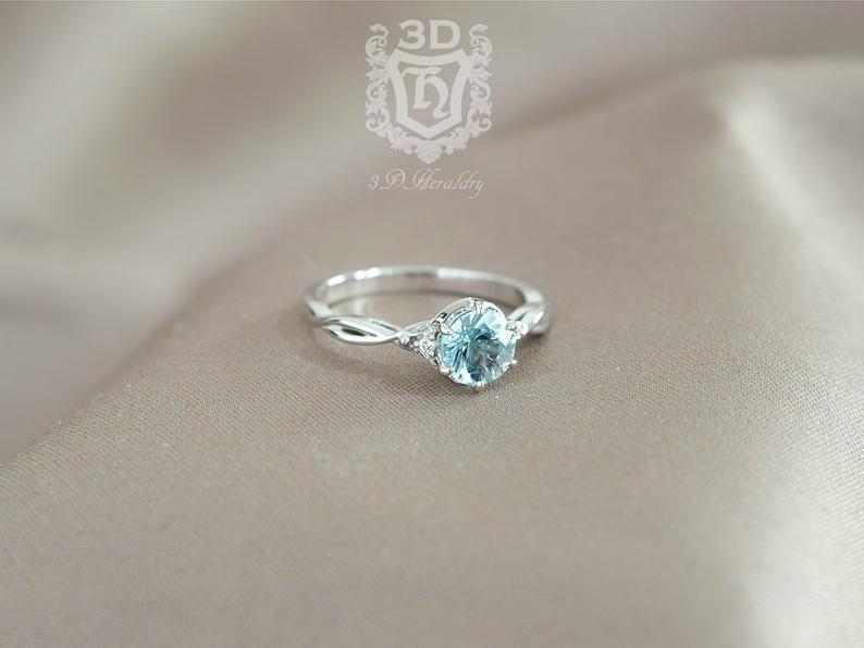 Wedding - Aquamarine Engagement ring, Aquamarine and diamond Engagement ring, Floral engagement ring in solid 14k white, yellow, or rose gold