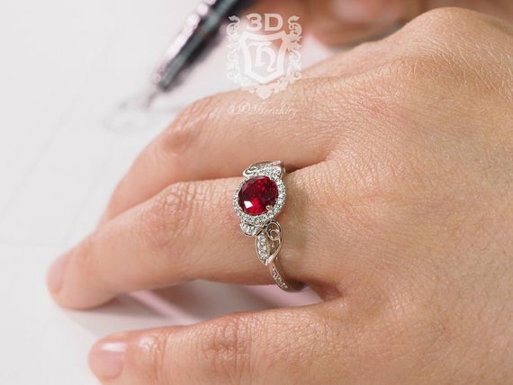 زفاف - Ruby Engagement ring, Floral engagement ring with natural diamonds made in your choice of 14k white,yellow, rose gold