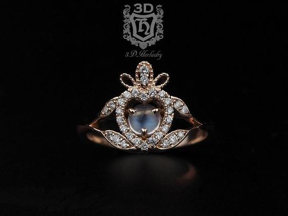 زفاف - Claddagh ring , Moonstone engagement ring with natural diamonds made in 14k rose gold