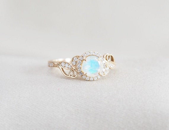 Wedding - Opal Engagement ring, Ethiopian opal engagement ring, Opal diamond halo ring - Opal Leaf engagment ring - 14k 18k white gold rose gold