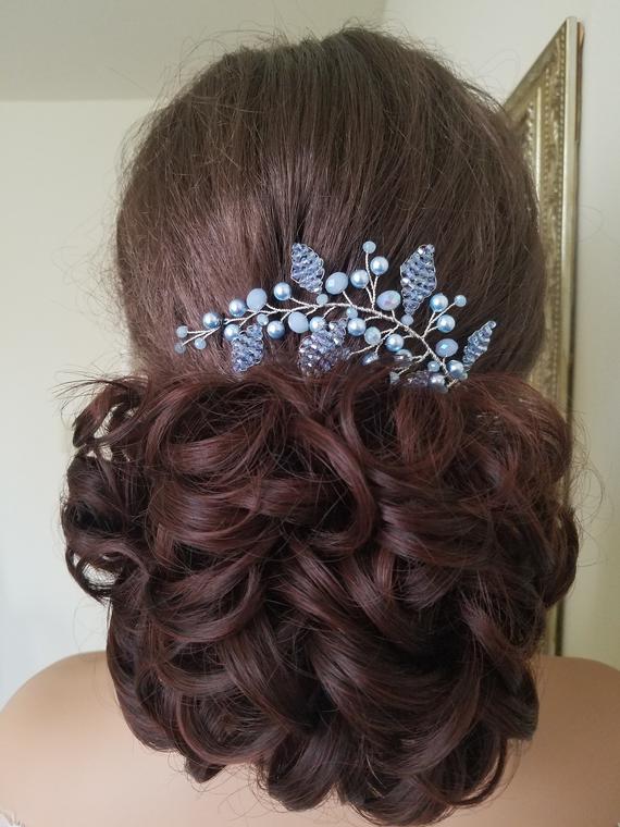 Hochzeit - Dusty Blue Bridal Hair Piece, Swarovski Light Blue Pearl Headpiece, Wedding Blue Hair Jewelry, Blue Silver Floral Hairpiece Something Blue