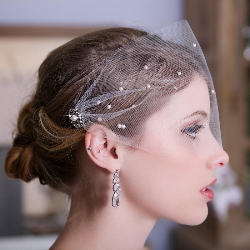 Свадьба - Tulle Bandeau Birdcage Veil, Bird Cage Veil, Bridal Veil, Crystal Veil, Pearl Veil, Wedding Veil, Scattered Pearls and Crystals, STYLE 147
