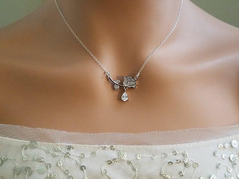 زفاف - Flower Silver Necklace, Wedding Necklace, Bridal Jewelry, Flower Pendant, Cubic Zirconia Rose Necklace, Bridal Party Gift, Wedding Jewelry