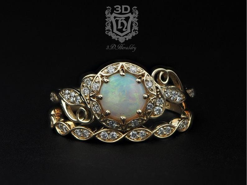 زفاف - Opal ring set, Floral engagement ring set natural diamonds made with your choice of 14k rose gold, white gold, yellow gold