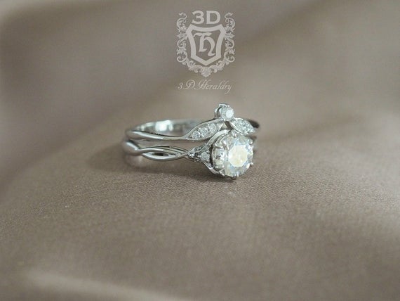 Hochzeit - Moissanite engagement ring set , OEC Moissanite and diamond engagement ring set made in solid 14k rose gold, white gold, or yellow gold