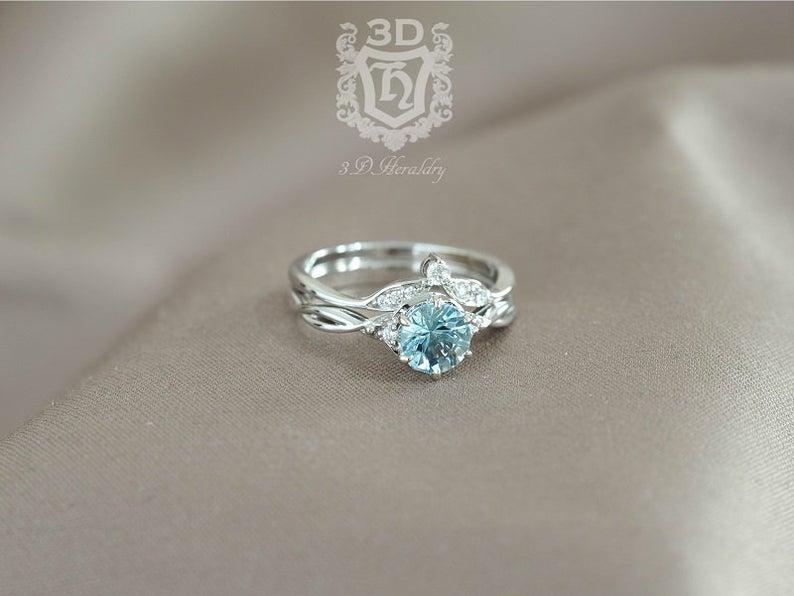 زفاف - Aquamarine engagement ring set , Aquamarine and diamond engagement ring set made in solid 14k rose gold, white gold, or yellow gold