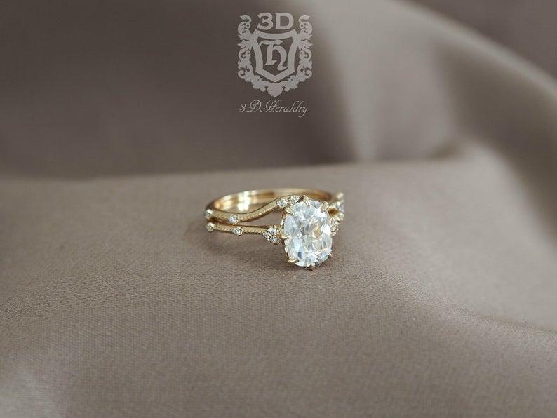 Wedding - Elongated cushion antique cut Moissanite engagement ring set with diamonds made in your choice of solid 14k yellow, white, or rose gold