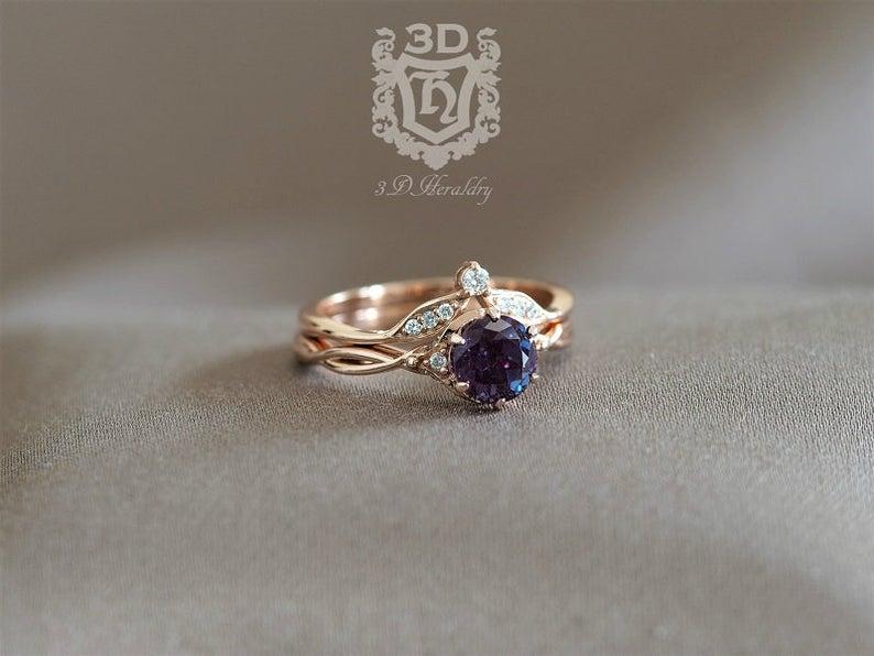 Wedding - Alexandrite ring set, Alexandrite engagement ring set, Floral Alexandrite and diamond ring in solid 14k white, yellow, or rose gold