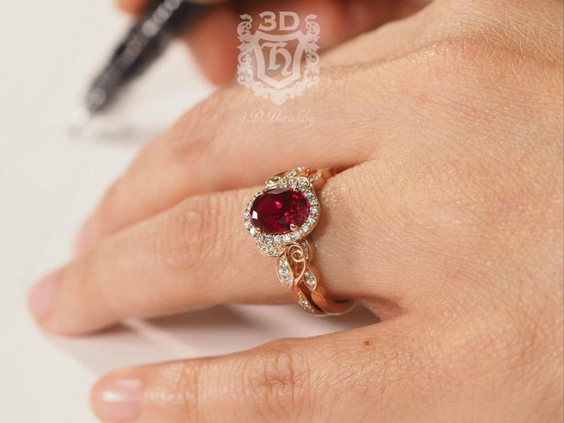 زفاف - Ruby Engagement ring, Floral engagement ring with natural diamonds made in 14k rose gold