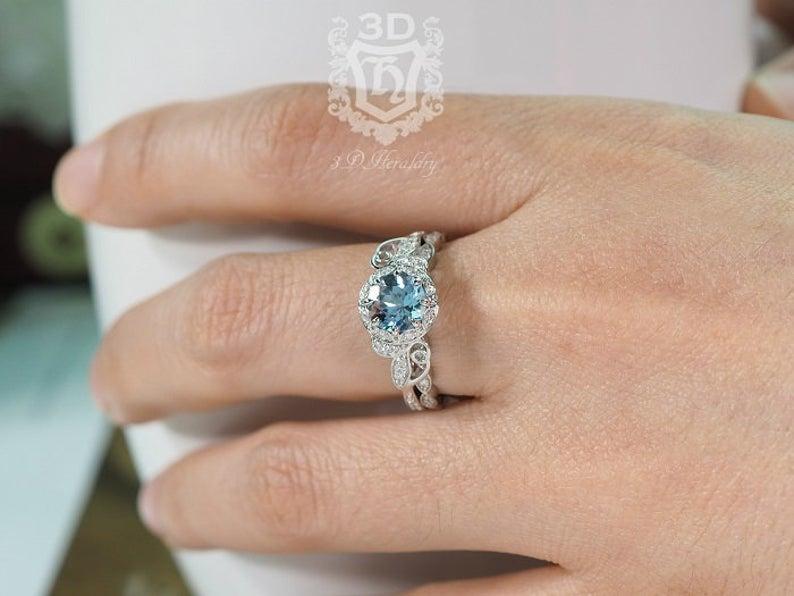 زفاف - Aquamarine Engagement ring, Floral engagement ring with natural diamonds made with your choice of 14k white gold, yellow, or rose gold