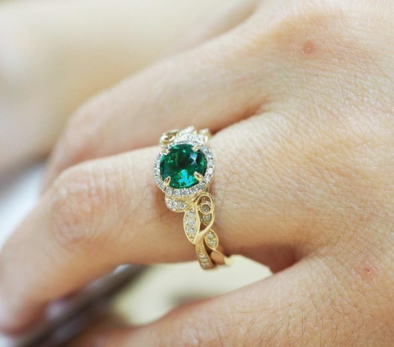 Wedding - Emerald Engagement ring set, Unique Floral engagement ring set with natural diamonds made in your choice of 14k white,yellow, rose gold