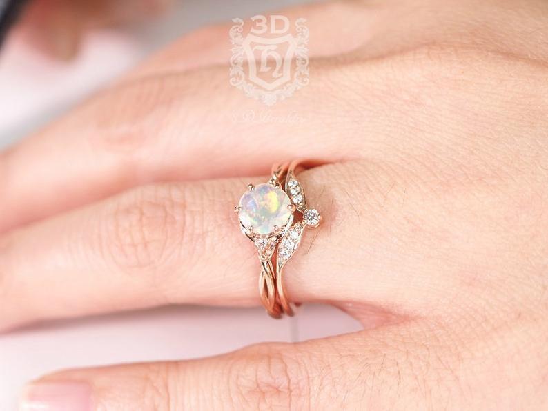 Hochzeit - Opal ring set, Opal engagement ring set , Ethiopian Opal Ring natural diamonds in 14k rose gold, white gold, yellow gold