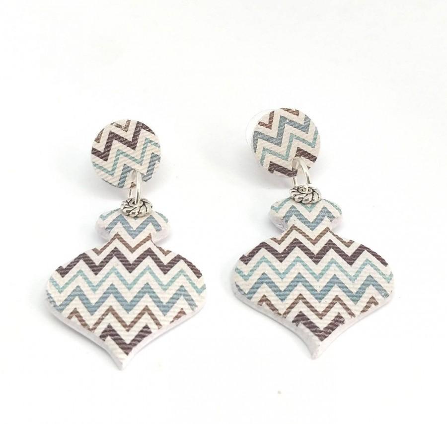 Wedding - Long polymer clay earrings, chevron design earrings in shades of blue and brown geometric shape, polymer clay jewelry, statement earrings.