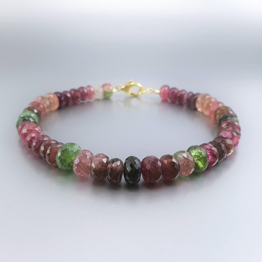 Wedding - Bracelet of colorful watermelon Tourmaline gift for her - multi color natural unique gemstone - elegant anniversary gift October birthstone