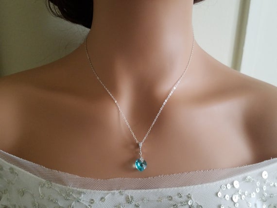 Свадьба - Light Turquoise Heart Crystal Necklace, Swarovski Heart Silver Pendant, Teal Dainty Heart Necklace, Wedding Light Teal Jewelry Prom Necklace
