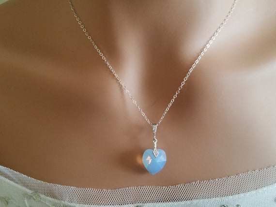 Mariage - Blue Opal Heart Necklace, Swarovski Air Blue Opal Silver Pendant, Pastel Light Blue Crystal Necklace, Wedding Blue Heart Bridal Necklace
