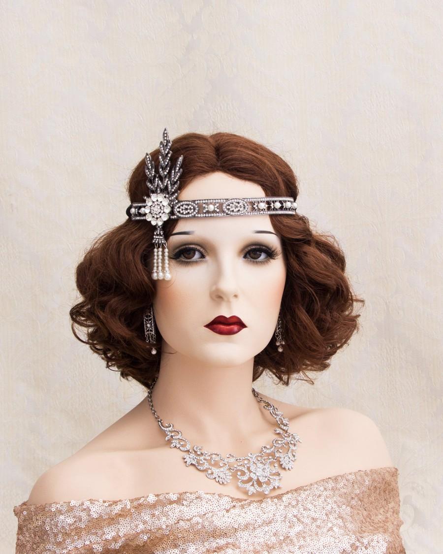 Wedding - Black Flapper Headband Great Gatsby Headband Art Deco Flapper Headpiece Roaring 1920's Art Deco Jewelry Earrings