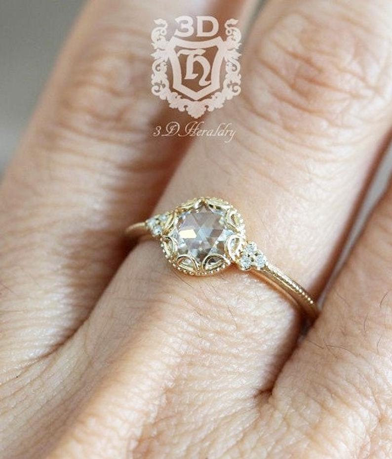 Hochzeit - Rose cut ring, Rose cut moissanite engagement ring and natural diamonds made in your choice of solid 14k white, yellow, or rose gold