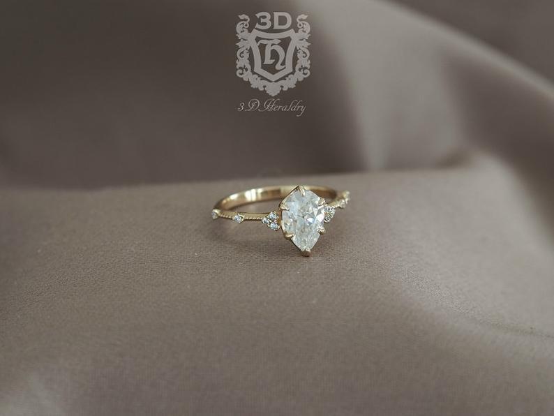 زفاف - Pear Moissanite, Antique cut pear moissanite engagement ring with diamonds made in your choice of solid 14k yellow, white, or rose gold