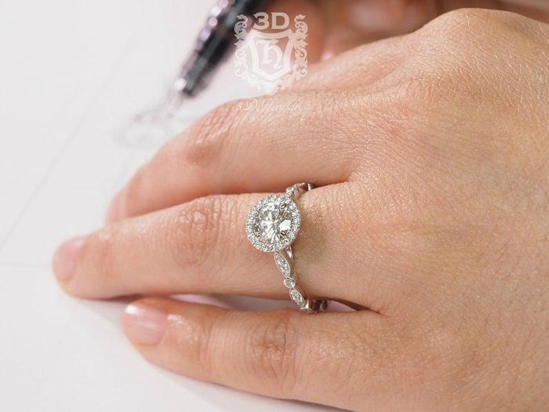 Wedding - Moissanite engagement ring, Floral engagement ring with natural diamonds made in your choice of solid 14k white, yellow or rose gold