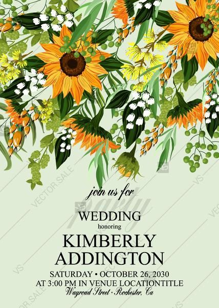 Hochzeit - Sunflower wedding invitation summer save the date vector template decoration bouquet