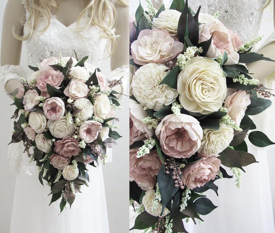 Wedding - Rose Gold & Light Dusty Rose Cottage Rose Sola Flower Bridal Cluster Cascade Bouquet ~ Sola Flower Bouquet