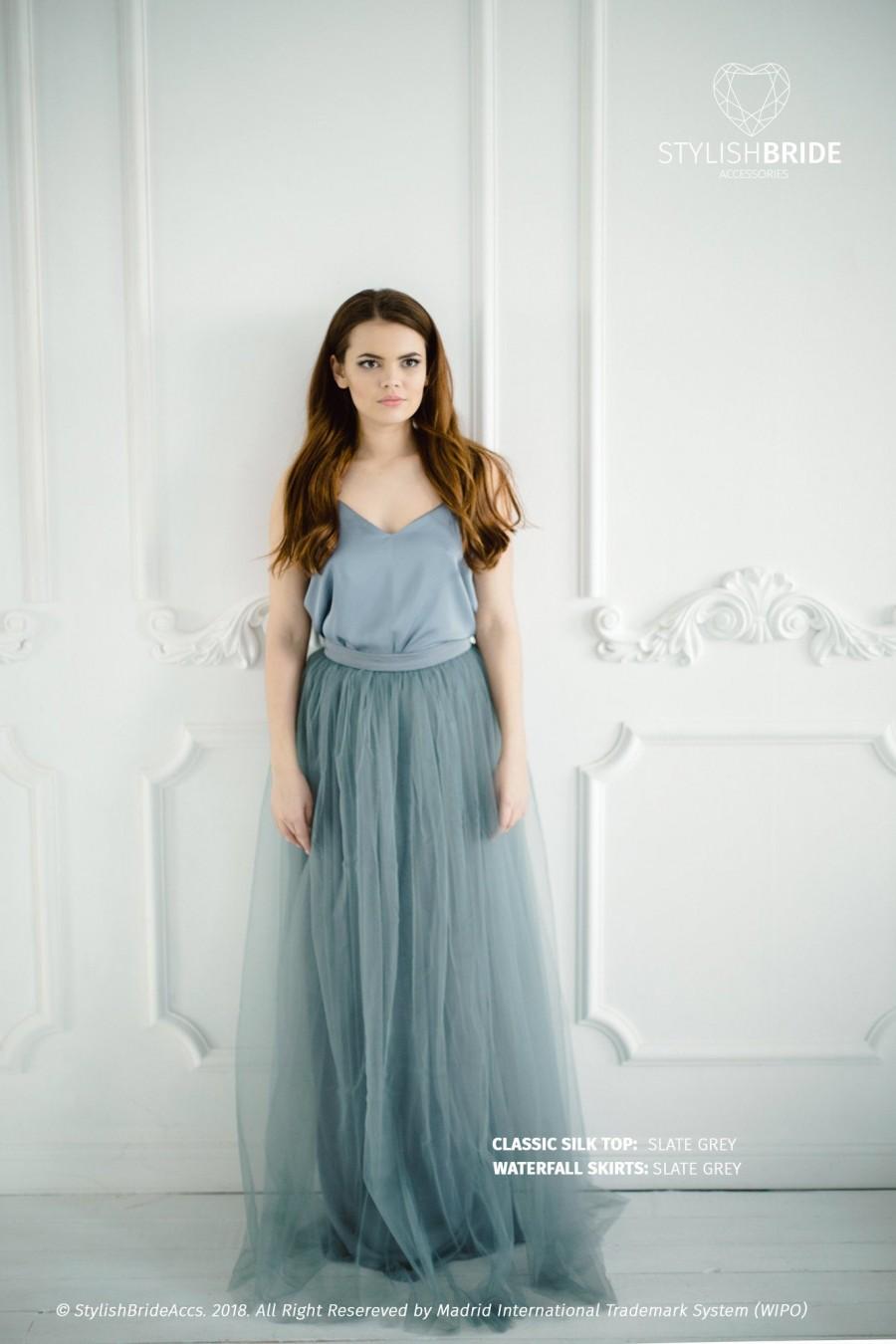 Hochzeit - Slate Gray #94 Tulle Dress with Slate Dark Gray Silk Classic Cami Top, Slate Gray Long Floor Length Waterfall Skirt, Simple Engagement Dress
