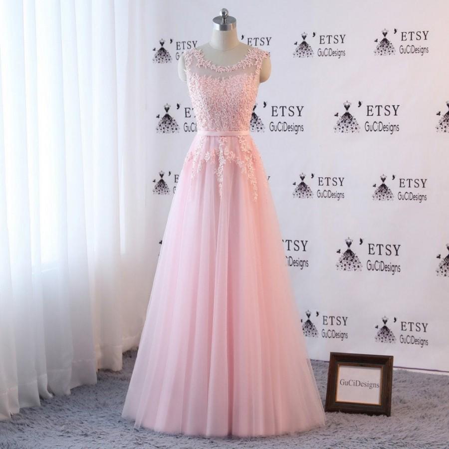 زفاف - Pearl Pink Bridesmaid Lace Dress,Wedding Dress, Floral Applique Prom Dress,Long RoundNeck Off Shoulder Party Dress Girl Formal Occasion Gown