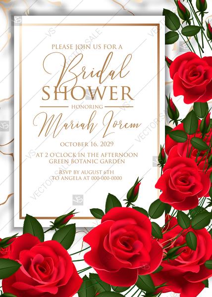 Hochzeit - Bridal shower invitation Red rose wedding marble background card template PDF 5x7 in editor