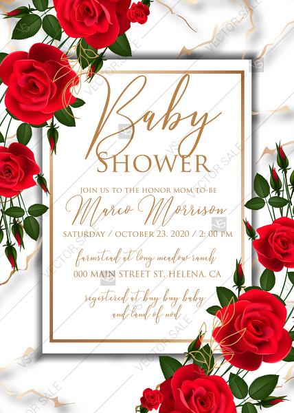 زفاف - Baby shower wedding invitation Red rose marble background card template PDF 5x7 in PDF download