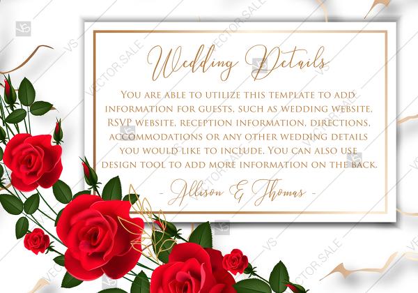 Hochzeit - Wedding details card invitation Red rose marble background card template PDF 5x3.5 in wedding invitation maker