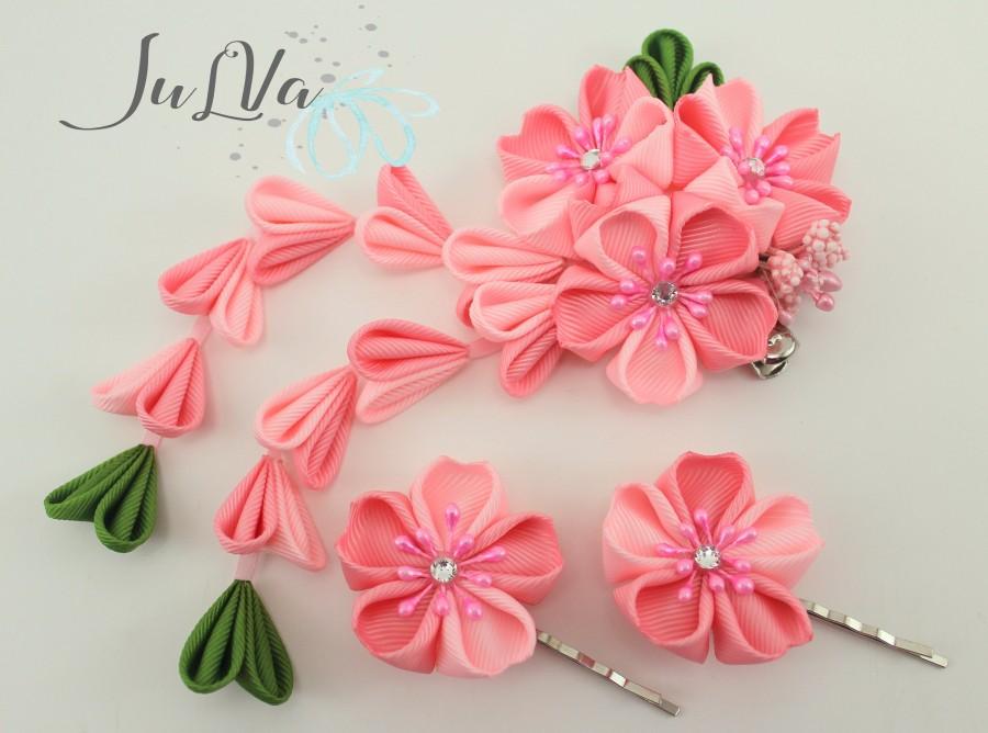 Wedding - Kanzashi flower hair clip,Pink kanzashi flowers,Japanese pink hair piece,Hair clip with pink flowers,Cherry blossom flower hair piece