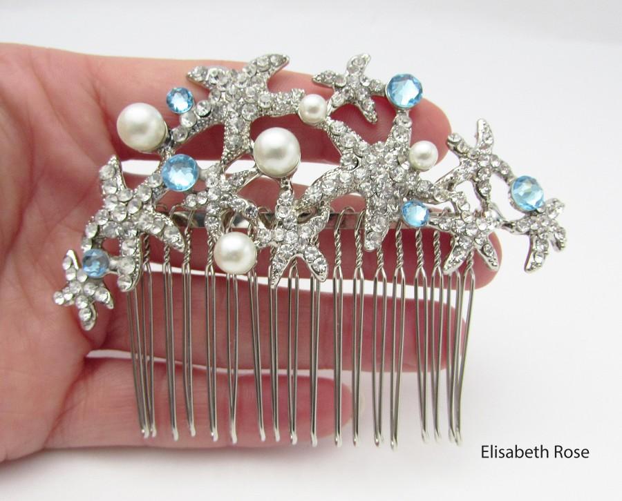 زفاف - Blue Crystal Starfish Hair Comb for Bride, Starfish Hair Jewelry for Wedding, Crystal Starfish Hair Piece, Hair Comb for Beach Wedding