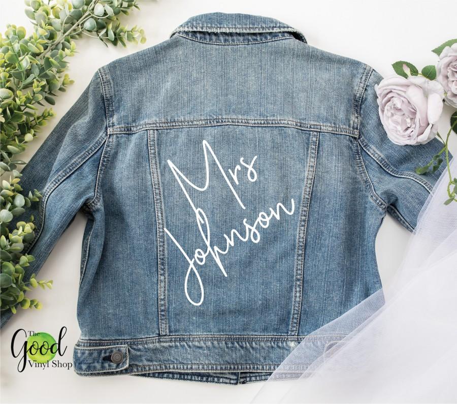 Wedding - Mrs DIY Iron On for Denim or Leather Jacket - Iron on Transfer for wedding day Jeans Jacket  - Mrs Name for Bridal robe