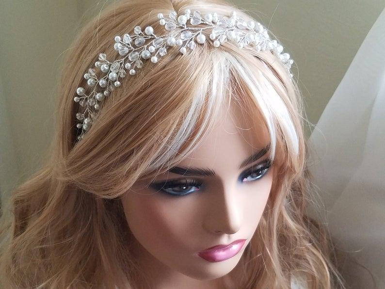 زفاف - Pearl Crystal Hair Vine, White Pearl Bridal Hair Vine, Pearl Crystal Hair Wreath, Wedding Headpiece, Crystal Pearl Bridal Tiara Hair Jewelry