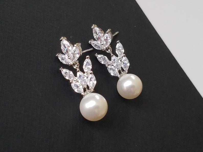 Wedding - Pearl Bridal Earrings, Wedding Earrings, Swarovski White Pearl Crystal Earrings, Dainty Pearl Earring Studs, Cubic Zirconia Pearl Earrings
