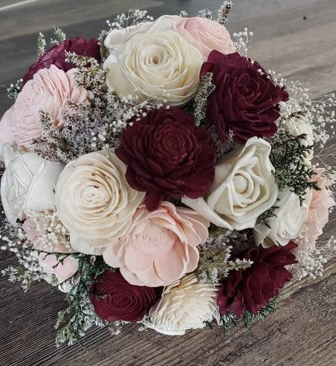 Wedding - Wine and blush bouquet, burgundy and blush,  sola flower bouquet,  wooden flower bouquet