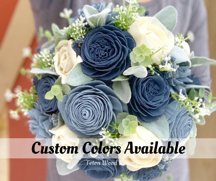 Hochzeit - Wood Flower Dusty & Slate Blue Wedding Bouquet / Rustic Bridal Bridesmaid Bouquet / Wooden Sola Wood Flowers / White Cream Ivory