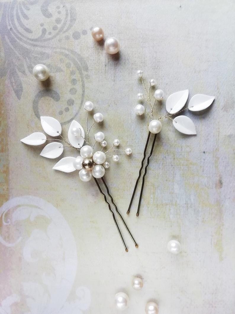 Свадьба - Pearl and leaf bridal hair pins, Wedding hair accessories, HNPF-005