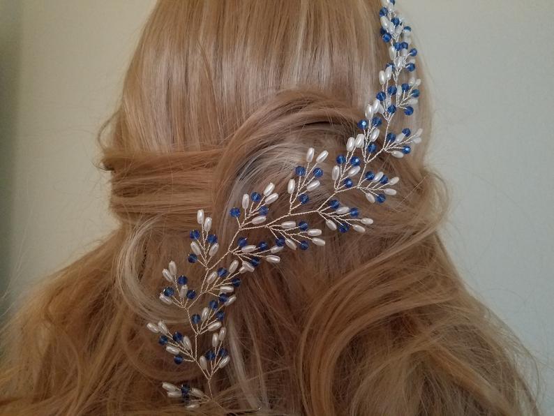 Hochzeit - Blue White Bridal Hair Vine, Sapphire Wedding Hair Piece, Bridal Floral Headpiece, Dainty Crystal Pearl Hair Piece, Sapphire Hair Jewelry
