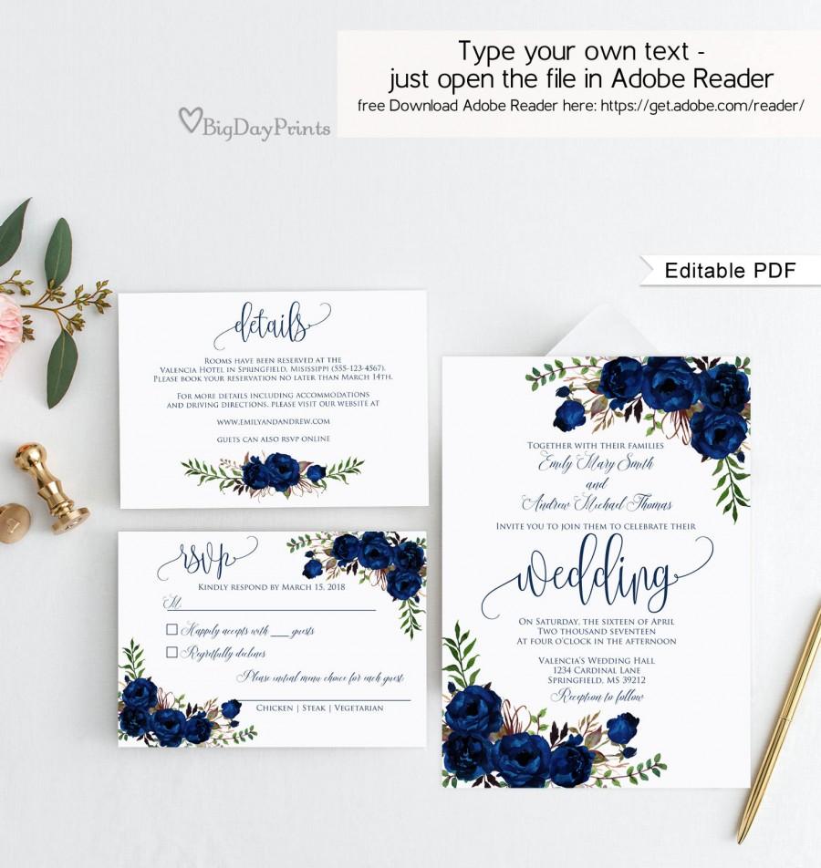 Hochzeit - Navy Wedding Invitation Template, Blue Wedding Invitation, Boho Chic Wedding Invitation Suite, Floral Wedding Set, Editable PDF, #A089